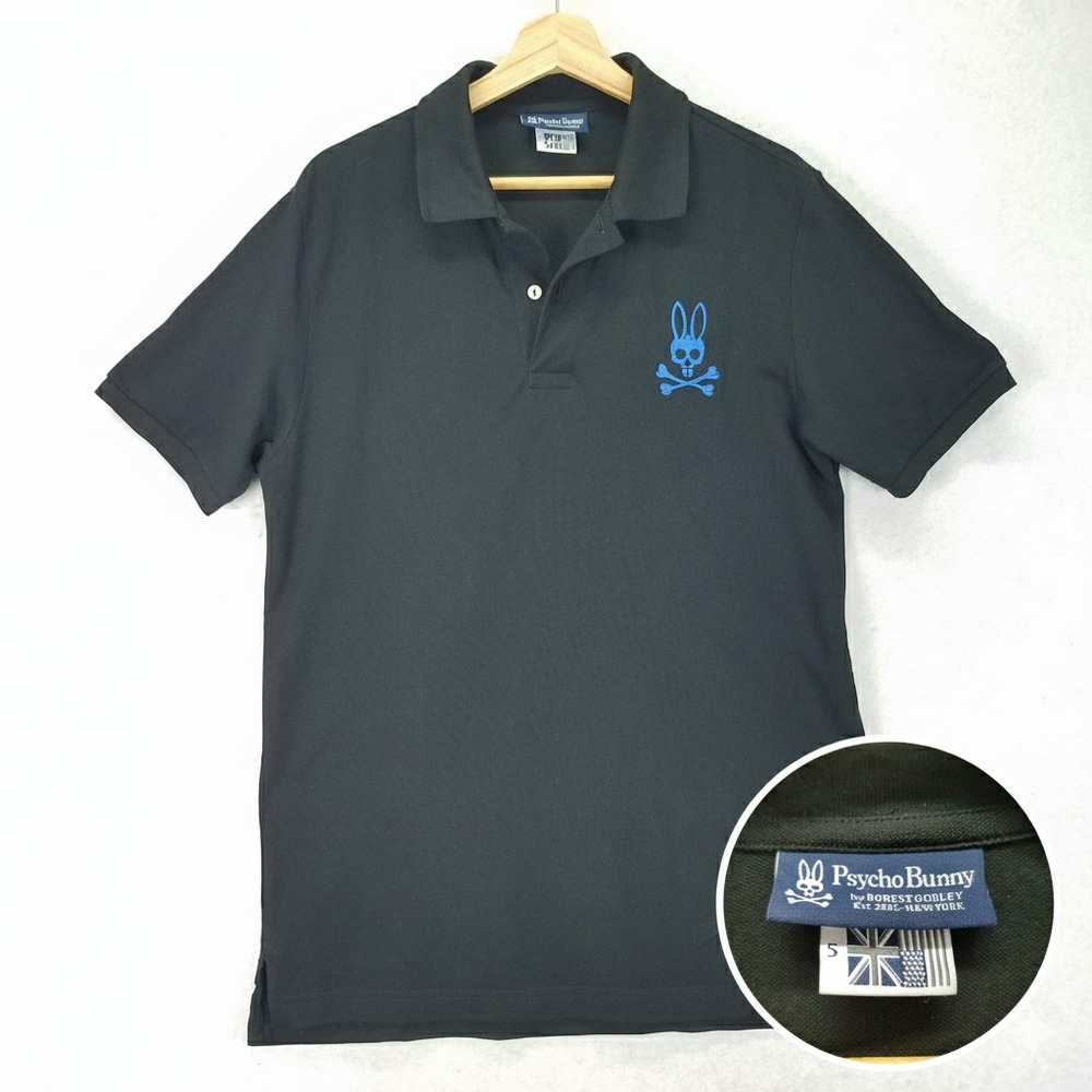 Psycho Bunny Slim Pima Cotton Polo Mens M Medium Black Blue Big Logo Shirt